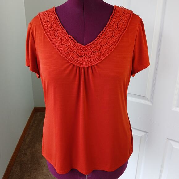 East 5th Lace V-neck Orange Blouse XL y2k business casual short sleeve polyblend - Picture 5 of 13